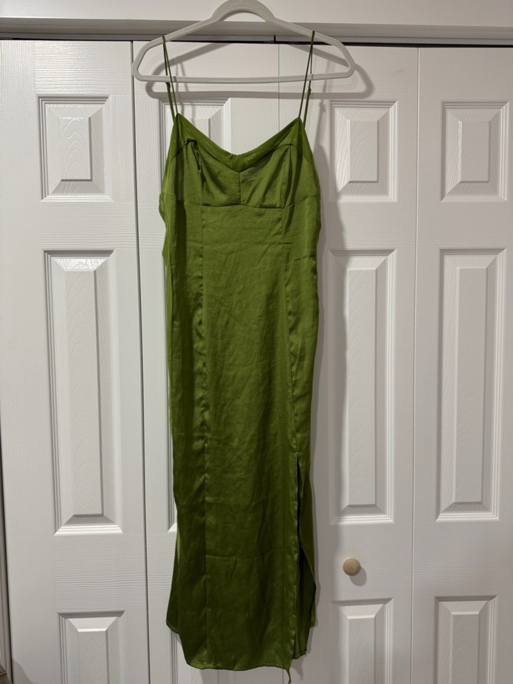 FREE PEOPLE Olive Green Slip Satin Maxi Dress - Spaghetti Strap